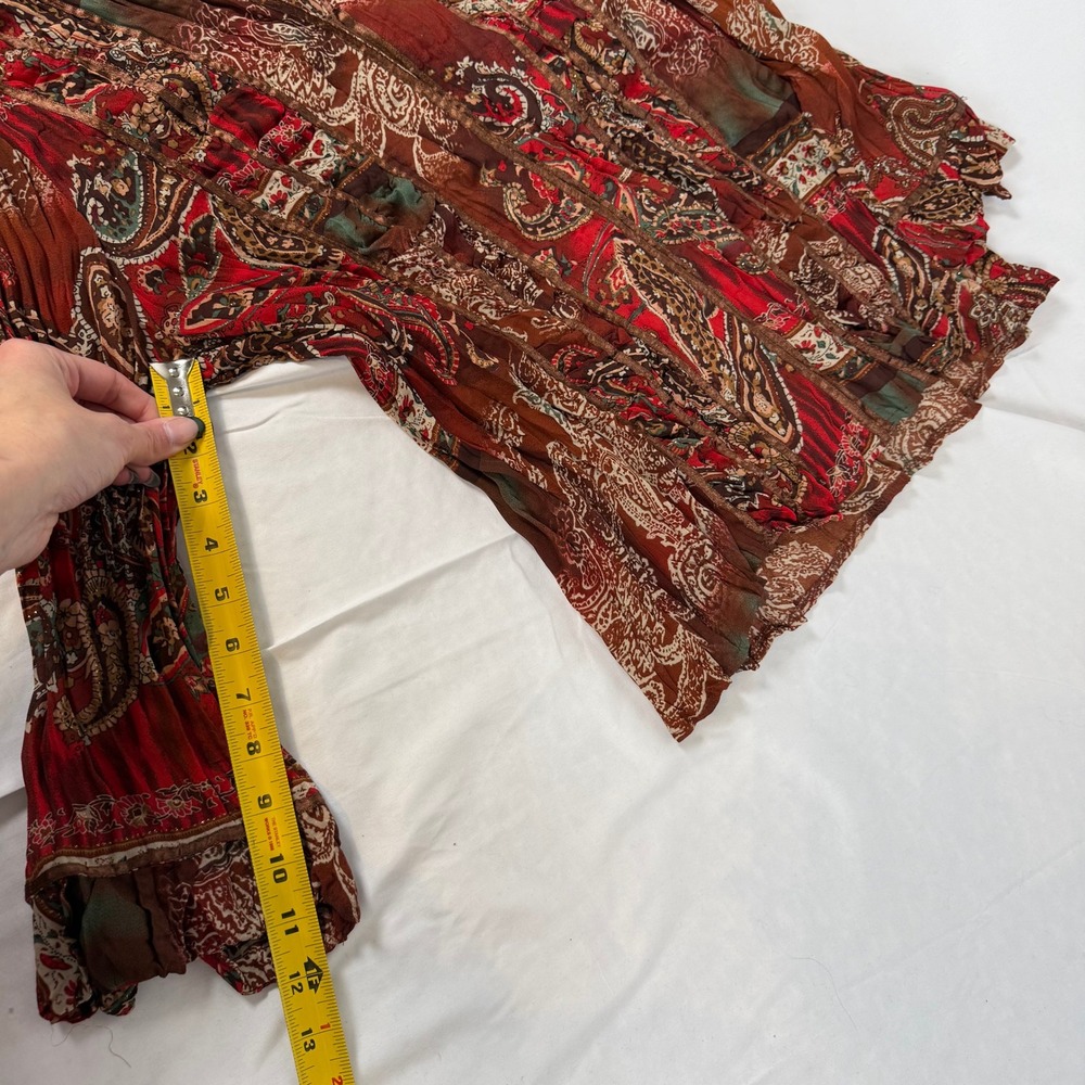 Piano Womens Large Paisley Print Crinkle Blouse Rust Red Boho Ribbon Trim Top - Picture 9 of 9